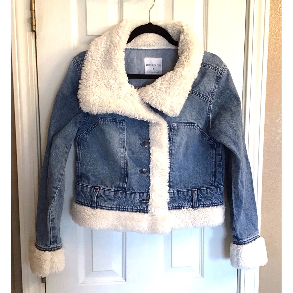 Celebrity Pink Women's Denim Blue Jean Faux Sherpa Shearling Jacket Size Small